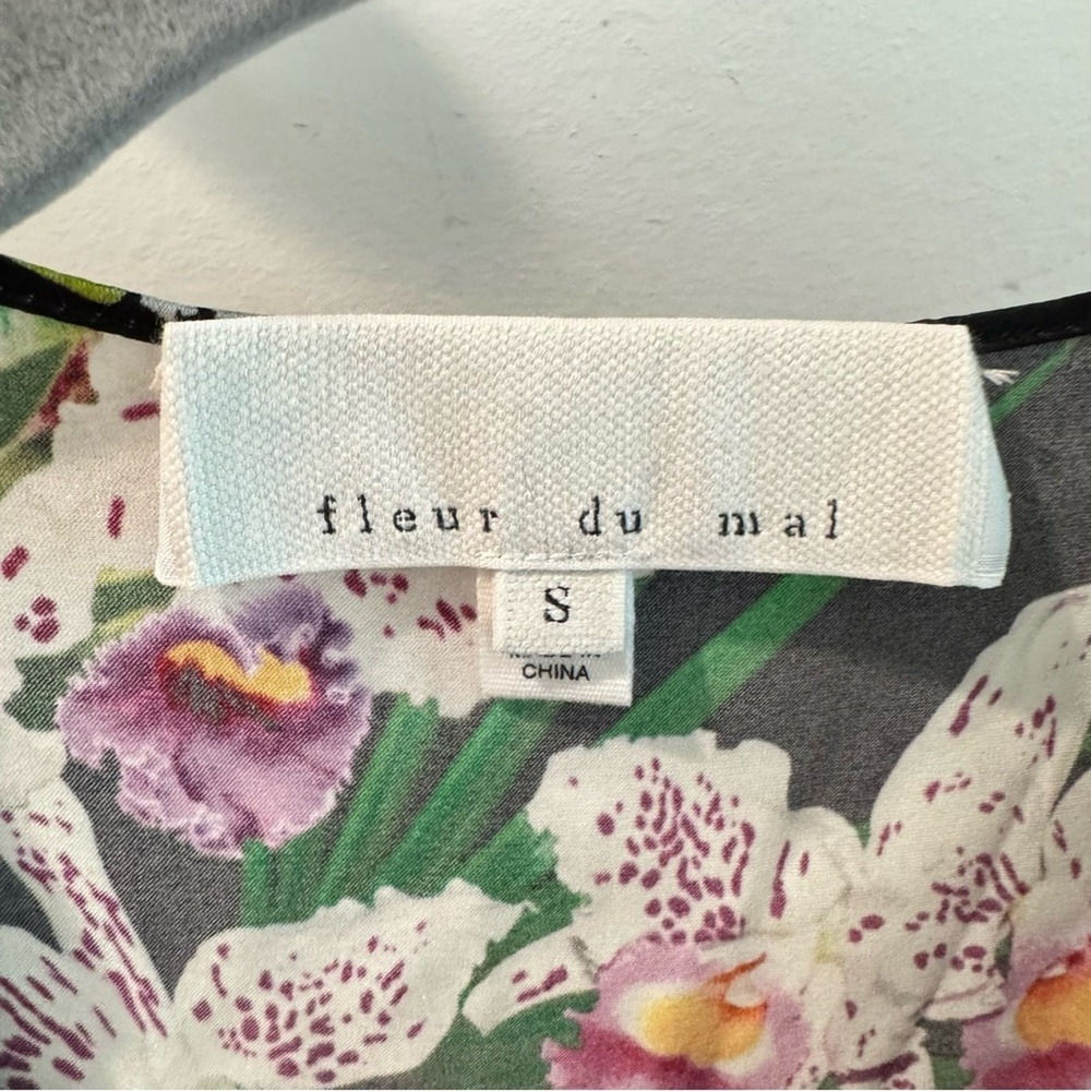 Fleur‎ du Mal Orchid Floral Silk Wrap Dress Black Purple Long Sleeve Small - Picture 3 of 11